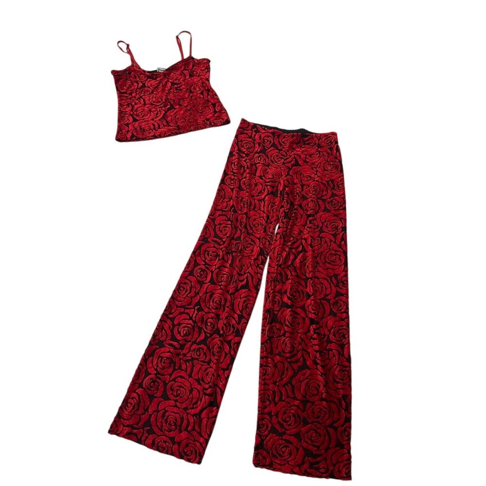 PajamaGram Women XS Flocked Red Rose Sleepwear Lounge Set Dark Romantic Mob Wife